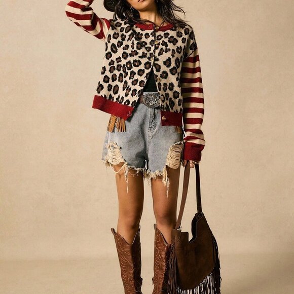 leopard & striped Casual Women's knit sweater cardigan - Picture 5 of 7